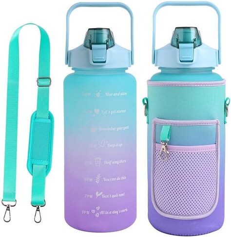 64oz Half Gallon Water Bottle with Carrying Sleeve for Phone, Keys, AirPods, Credit Card Holder with Straw & Time Marker to Drink, BPA Free - LUXEByGee (Green/Purple), AG-PB102L in Saudi Arabia