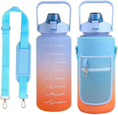 64oz Half Gallon Water Bottle with Carrying Sleeve for Phone, Keys, AirPods, Credit Card Holder with Straw & Time Marker to Drink, BPA Free - LUXEByGee (Green/Purple), AG-PB102L in Saudi Arabia