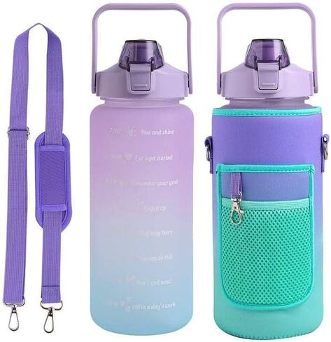 64oz Half Gallon Water Bottle with Carrying Sleeve for Phone, Keys, AirPods, Credit Card Holder with Straw & Time Marker to Drink, BPA Free - LUXEByGee (Green/Purple), AG-PB102L in Saudi Arabia