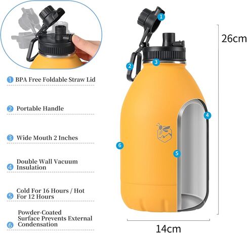 Boulder Bee | 128 oz Insulated Water Bottles with Handle | Stainless Steel Thermos for Hot & Cold Drinks | Double Vacuum Walled | Large Metal Jug for Travel, Hiking, Camping (Yellow) in Saudi Arabia