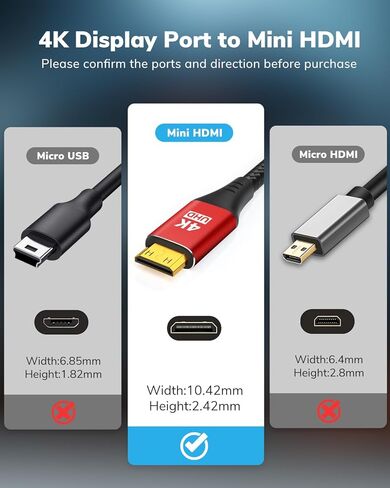 كابل DisplayPort إلى Mini HDMI بطول 10 أقدام، 4K DP إلى Mini HDMI سلك أحادي الاتجاه، يدعم 4K@30 هرتز، 2K@120 هرتز فيديو UHD، لـ AMD، NVIDIA، KYY، ARZOPA، VILVA، MNN، شاشة محمولة in Kuwait