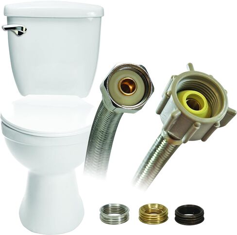 موصل المرحاض Fluidmaster B4T16U مع محولات الحجم، من الفولاذ المقاوم للصدأ المضفر - ضغط 3/8، ضغط 7/16، ضغط 1/2، أو 1/2 F.I.P. خيط × 7/8 خيط بالكوك، طول 40.64 سم، حديد in Kuwait
