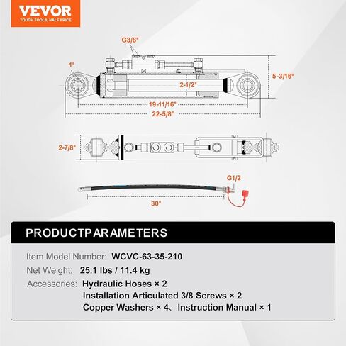 VEVOR Hydraulic Top Link Cat. 2-2（8-5/16 in, 19-11/16~28 in), Hydraulic Cylinder with 2 Hoses & G3/8" Check Valve in Saudi Arabia