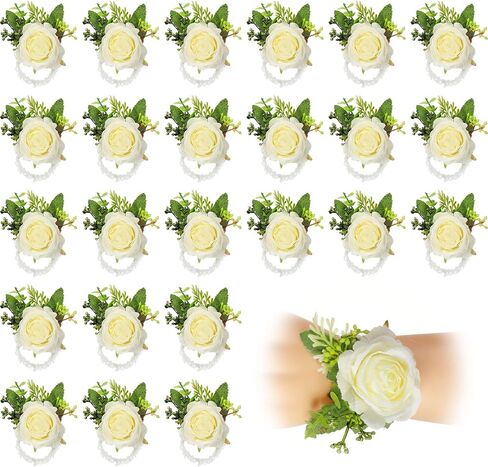 Sherr 36 Pcs Ivory Rose Wrist Corsage Wristlet Band Bracelet Boutonniere for Men Prom White Rose Corsage Hand Flower Decor for Prom Party Wedding Homecoming Suit Decorations Ceremony Wedding Bride in Saudi Arabia