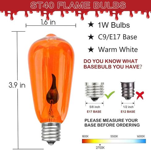 Christmas Orange Flicker Flame Light Bulbs, ST40 Orange Replacement Bulbs with Realistic Orange Red Flame Edison Bulbs for Christmas Outdoor Indoor String Lights, 1 Watt E17 Intermediate Base, 10 Pack in Saudi Arabia