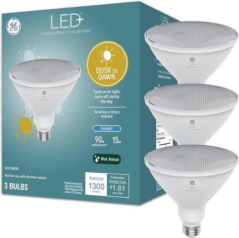 GE LED+ Dusk to Dawn LED Light Bulbs, 15 Watts, Automatic On/Off PAR38 Outdoor Floodlight, Daylight (3 Pack) in Saudi Arabia