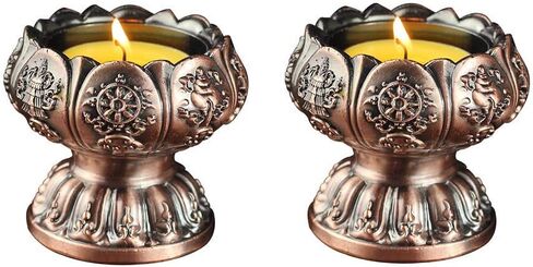 Lotus Flower Votive Tealight Holder, Buddhist Tealight Candle Holder - Tibetan Buddhist Water Offering Cup, Tibetan Oil Lamp Holder Buddhist Supplies for Meditation Buddha Altar, Set of 2 (Bronze) in Saudi Arabia