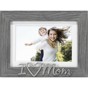 Malden International Designs 4x6 or 5x7 I Love Mom Distressed Expressions Picture Frame Silver Finish I Love Mom Word Attachment Gray Textured Wood Grain Finish MDF Frame White Beveled Mat