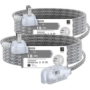 AWLETEC 2 Pack Extension Cord 3-Outlet, 6 Ft Braided Cable, 3 Polarized Outlets with Safety Cap Protect for Home Office, 16/2 SPT-2 UL Listed, Black/White