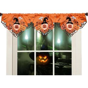 Grelucgo Embroidered Halloween Rod Pocket Kitchen Window Curtain Valance, Jack-O-Lantern Pumpkin Gnomes Ghost Spider Halloween Decor (Orange)