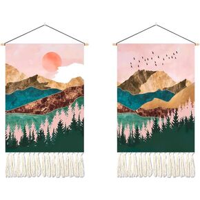 Umootek Pack of 2 Pink Mountain Sunset Tapestry for Bedroom Forest Nature Landscape Vertical Tapestry Tassel Wall Art Room Decor Aesthetic Wall Hanging Ornament for Home Dorm Office (13.8 x 19.7 in)