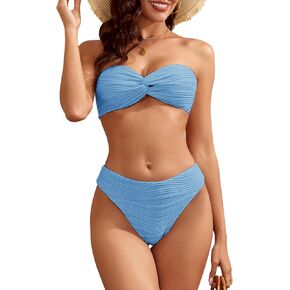 ZAFUL Women's Strapless Twist Bandeau Bikini 2 Piece Swimwear Cheeky Solid Lace up Bathing Suits(2-Light Blue,L)