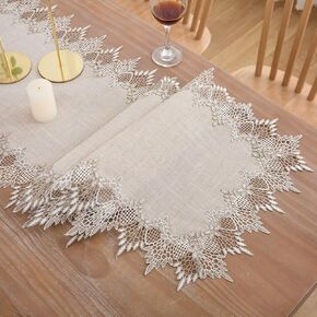 LIGICKY Linen Table Runner Neutral Lace Table Runners 48 Inches Beige and Tan Embroidered Runner for Dresser Top Spring Summer Wedding Home Dining Table Decorations 16x48 inch