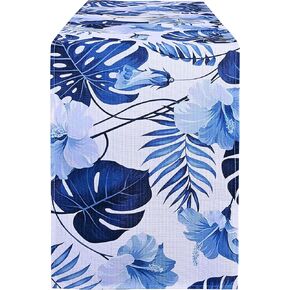Spring Table Runner 72 Inches Long, White Blue Leaves Flower Farmhouse Table Linens for Kitchen Dining Coffee Table Parties Wedding Living Room Home Decor (Blue, 13"x72"
