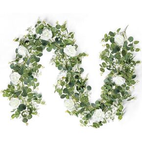 إكليل الأوكالبتوس الاصطناعي مع الزهور، إكليل أخضر بطول 6.5أقدام، إكليل ربيعي مزيف لطاولة الزفاف in Kuwait