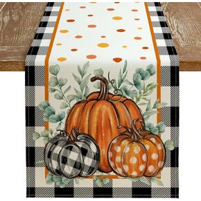 ARKENY Fall Pumpkin Table Runner 13x90 Inches, Eucalyptus Leaf Buffalo Plaid Holiday Indoor Outdoor Table Decoration for Home