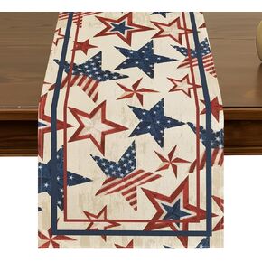 4th of July Patriotic Table Runner 13x72 Inch Burlap Stars and Stripes Memorial Independence Day Indoor Kitchen Dining Home Party Table Decoration ZQ13