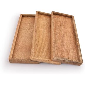 Mango Wood Serving Platter with Raised Edge -Set of 3 for Display Fruit Snacks Appetizer Sushi Food Decorative (12" x 5" x 0.75")