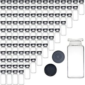 100pack 10ml Empty Clear Glass Vials With Plastic-Aluminium Flip Cap And Rubber Stoppers 1/3oz Transparent Glass Bottle 10cc Glass Containers 20mm Ampoule Lyophilized Powder Liquid bottle (Gold)