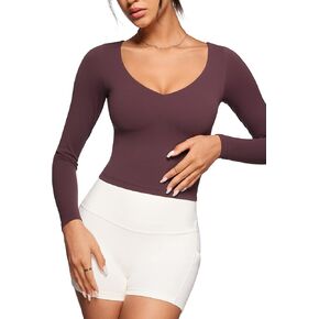 Womens V-Neck Long Sleeve Workout Crop Tops Slim Fit Padded Athletic Shirts Casual Yoga Gym Tops