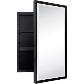 TEHOME Black Metal Framed Recessed Bathroom Medicine Cabinet with Mirror Rectangle Beveled Vanity Mirrors for Wall 16 x 24 inches