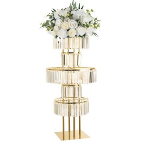 LANLONG Gold Crystal Vases for Centerpieces, 47.2in Metal Pedestal Stands for Table Chandelier Centerpiece Wedding, 5 Tier Round Flower Stand for Wedding Reception Birthday Party Events Home Decor