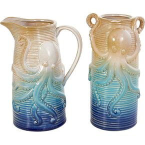 Deco 79 Ceramic Octopus Decorative Vase Dimensional Ribbed Ombre Centerpiece Vases, Set of 2 Flower Vases for Home Decoration 10", 10" H, Blue