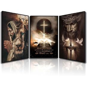 3Pcs Jesus Wall Art Jesus Lion Posters Pictures Christian Paintings Cross Bible Art Canvas Prints Cross And Peace Dove Decor Redemption And God Series For Room Religious Churches Wall Decor Framed