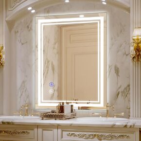 SaniteModar LED Bathroom Mirror 36 x 28 inch, Front + Backlit Light Led Mirror, Dimmable 3 Colors Led Mirror, Anti Fog Waterproof Bathroom Mirror, Wall Mounted Mirror with Touch, Horizontal/Vertical…