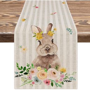AnyDesign Easter Table Runner Watercolor Stripe Bunny Rabbit Floral Kitchen Dinning Table Decoration for Spring Farmhouse Indoor Outdoor Home Party, 13 x 72 Inch