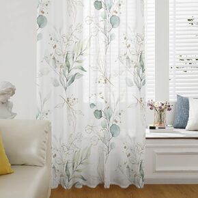 Eucalyptus Leaves Window Curtains 84 Inches Long,Watercolor Green Seasonal Spring Summer Plants Semi Sheers Rod Pocket Chiffon Panel Curtains Drapes Drapery Voile Draperies for Living Room/Bedroom