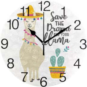 senya Cute Llama Alpaca with Cactus Design Round Wall Clock, Silent Non Ticking Oil Painting Decorative for Home Office School Clock Art