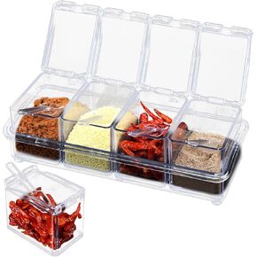 Acrylic Seasoning Organizer, 4 Compartment Condiments Containers with Lids and Spoons Spice Jars for Salt Sugar Cardamon Cinnamon Cloves Mustard Nutmeg and Pepper
