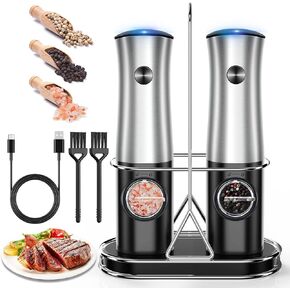 Electric Salt and Pepper Grinder Set, Rechargeable Built-in Battery, Hangable Bracket, Easy to Carry, One Handed Opperation, Electric Salt and Pepper Grinder Set with Light (2 Pcs)