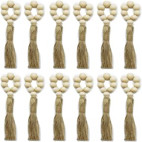 12PCS Wood Bead Garland with Tassels Farmhouse Beads Rustic Country Decor Prayer Beads Wall Hanging Decor Napkin Rings Weddings Home Decor
