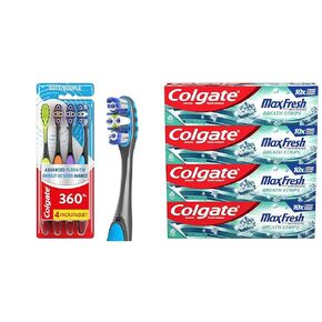 Colgate 360 Advanced Floss Tip Toothbrush, Soft Toothbrush for Adults, 4 Pack & Max Fresh Whitening Toothpaste with Mini Strips, Clean Mint Toothpaste for Bad Breath, Helps Fight Cavities