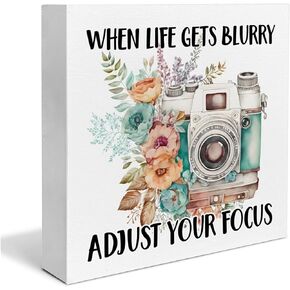 Inspirational Quote Desk Wooden Sign Decor When Life Gets Blurry Adjust Your Focus Square Wood Sign Desk Decoration Floral Camera Wood Block Box Sign for Shelf Home 5 x 5 Inches