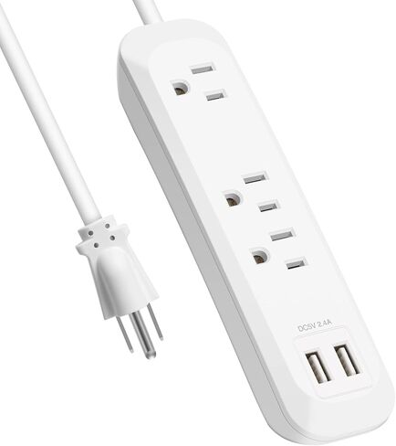 2 Pack Flat Plug Power Strip Surge Protector with USB Ports, White Extension Cord 6 Feet 3 Prong, 3 Outlets, 2 USB Ports, 1250W/10A, Wall Mountable, Surge Protector 300J for Home Office, SGS Approved in Saudi Arabia