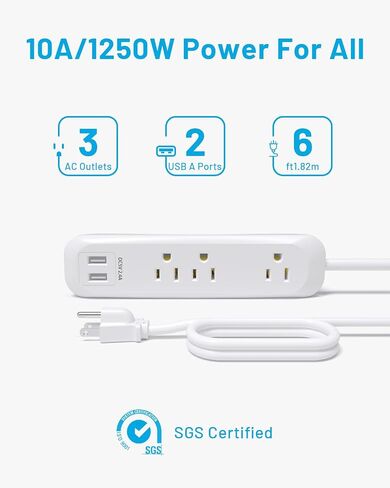 2 Pack Flat Plug Power Strip Surge Protector with USB Ports, White Extension Cord 6 Feet 3 Prong, 3 Outlets, 2 USB Ports, 1250W/10A, Wall Mountable, Surge Protector 300J for Home Office, SGS Approved in Saudi Arabia