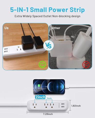 2 Pack Flat Plug Power Strip Surge Protector with USB Ports, White Extension Cord 6 Feet 3 Prong, 3 Outlets, 2 USB Ports, 1250W/10A, Wall Mountable, Surge Protector 300J for Home Office, SGS Approved in Saudi Arabia