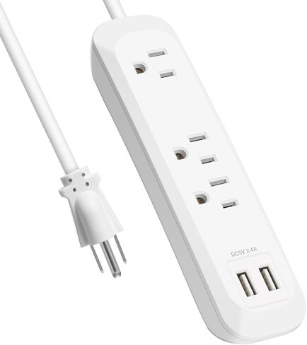2 Pack Flat Plug Power Strip Surge Protector with USB Ports, White Extension Cord 6 Feet 3 Prong, 3 Outlets, 2 USB Ports, 1250W/10A, Wall Mountable, Surge Protector 300J for Home Office, SGS Approved in Saudi Arabia