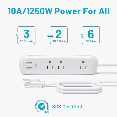 2 Pack Flat Plug Power Strip Surge Protector with USB Ports, White Extension Cord 6 Feet 3 Prong, 3 Outlets, 2 USB Ports, 1250W/10A, Wall Mountable, Surge Protector 300J for Home Office, SGS Approved in Saudi Arabia
