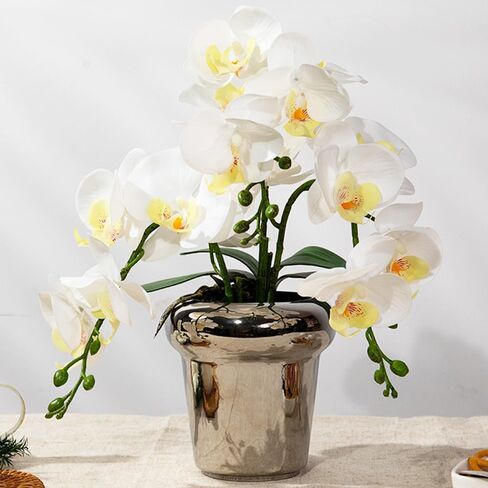 Faux Artificial Orchid Flowers in Vase, Real Touch Orchid in Pot Orquideas Fake Flowers for Home Decoration Indoor Decor Living Room Dinning Table Centerpiece (Gold Vase, White) in Saudi Arabia