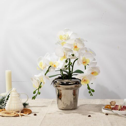 Faux Artificial Orchid Flowers in Vase, Real Touch Orchid in Pot Orquideas Fake Flowers for Home Decoration Indoor Decor Living Room Dinning Table Centerpiece (Gold Vase, White) in Saudi Arabia