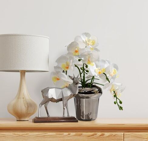 Faux Artificial Orchid Flowers in Vase, Real Touch Orchid in Pot Orquideas Fake Flowers for Home Decoration Indoor Decor Living Room Dinning Table Centerpiece (Gold Vase, White) in Saudi Arabia