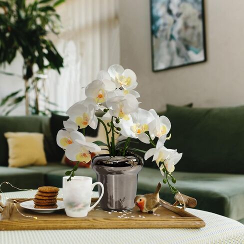 Faux Artificial Orchid Flowers in Vase, Real Touch Orchid in Pot Orquideas Fake Flowers for Home Decoration Indoor Decor Living Room Dinning Table Centerpiece (Gold Vase, White) in Saudi Arabia
