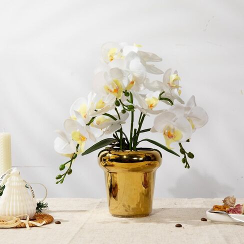 Faux Artificial Orchid Flowers in Vase, Real Touch Orchid in Pot Orquideas Fake Flowers for Home Decoration Indoor Decor Living Room Dinning Table Centerpiece (Gold Vase, White) in Saudi Arabia