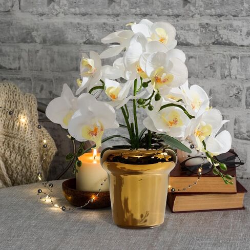 Faux Artificial Orchid Flowers in Vase, Real Touch Orchid in Pot Orquideas Fake Flowers for Home Decoration Indoor Decor Living Room Dinning Table Centerpiece (Gold Vase, White) in Saudi Arabia