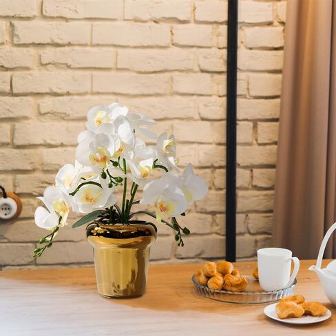 Faux Artificial Orchid Flowers in Vase, Real Touch Orchid in Pot Orquideas Fake Flowers for Home Decoration Indoor Decor Living Room Dinning Table Centerpiece (Gold Vase, White) in Saudi Arabia