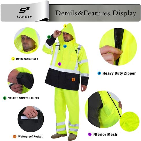 sesafety Hi Vis Rain Jacket, Class 3 High Visibility Rain Gear for Men, Rain Suits for Men Waterproof with Nterior Mesh, Zipper, Yellow (L/XL) in Saudi Arabia